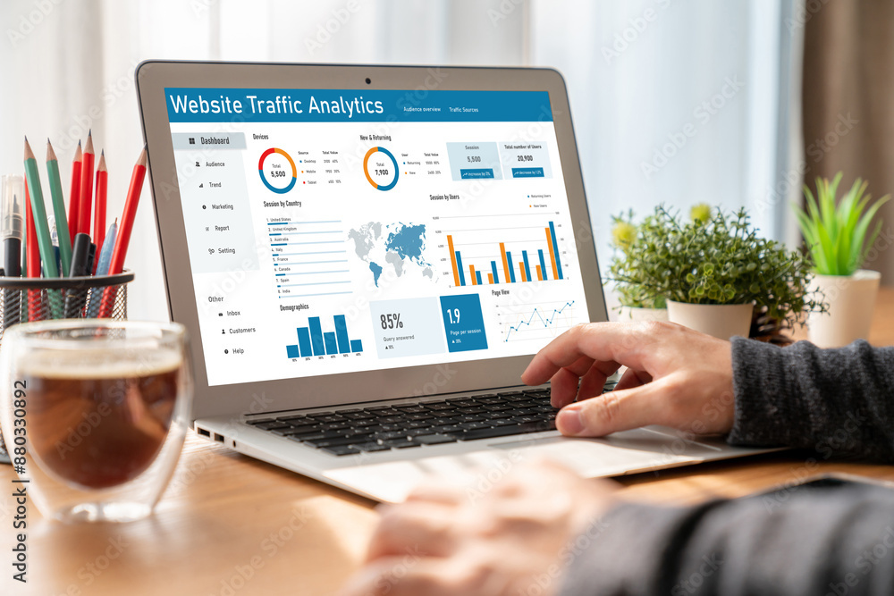 Poster computer software for website traffic analytics data on computer screen. concept of seo search engin