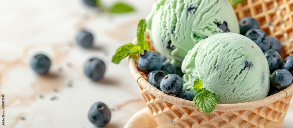Poster Close up shot of a homemade green mint flavor ice cream with blueberries in a waffle basket with space for text or graphics in the image. with copy space image. Place for adding text or design