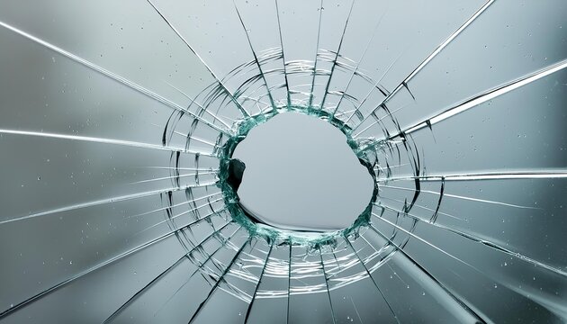 Broken Glass - Hole through Window - Cracked Glass around a Gun Hole - Shot through Glass - Background, Wallpaper or Texture - Closeup of Vandalism or Crime - Ruined Windshield, Car or Home Window