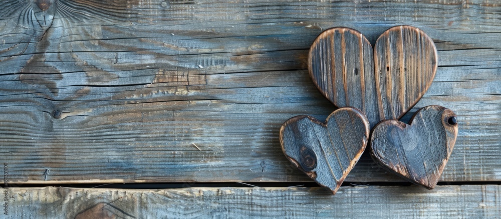 Poster Wooden hearts on a Valentine s Day backdrop with space for adding text or images. with copy space image. Place for adding text or design