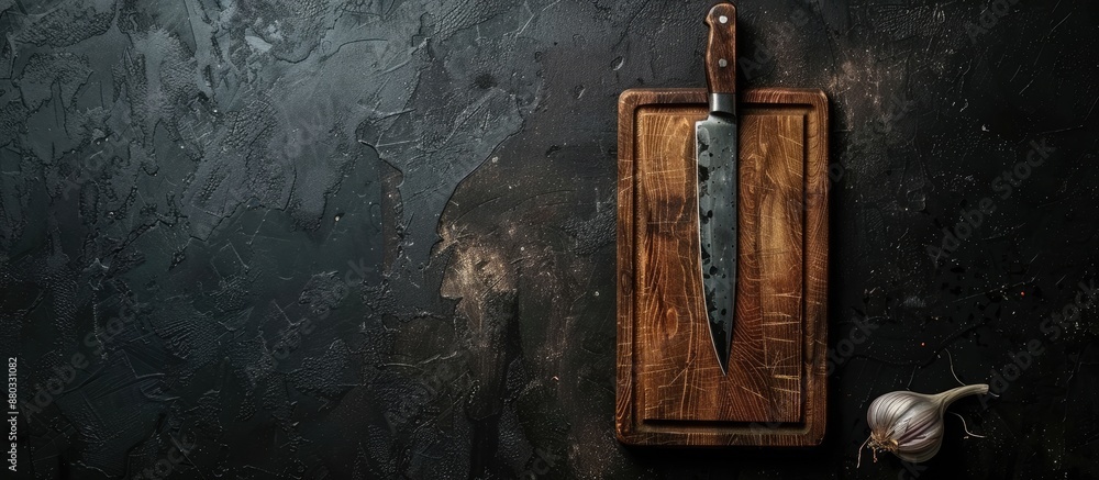 Poster top view of a cutting board and knife against a dark background with space for copy space image