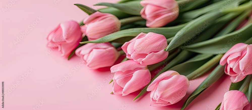 Fototapete A bunch of pink tulips arranged on a pink backdrop with space for text or other elements in the image. with copy space image. Place for adding text or design
