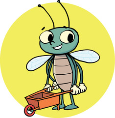 cheerful bug pushes an empty garden cart
