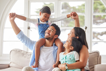 Parents, children and happy in home with bonding, fun game and support with love, security and...