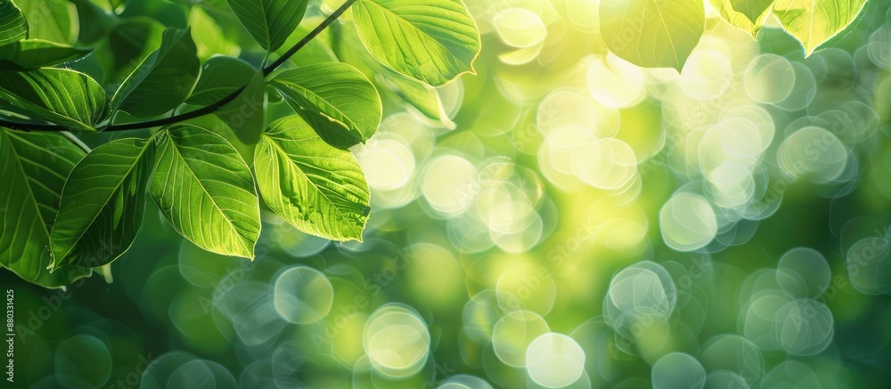 Poster blurry green leaves background with bokeh effect providing a clear copy space image