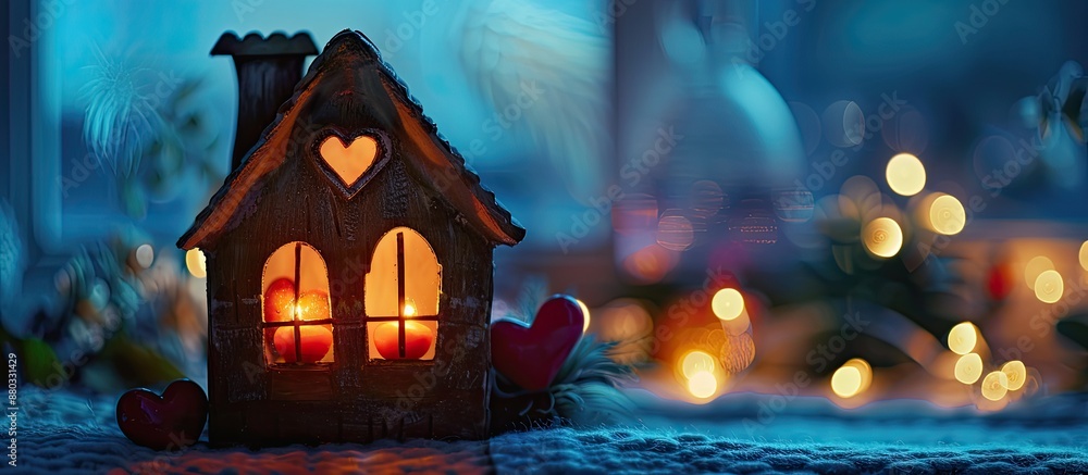 Poster Valentine s Day themed toy house with illuminated windows on a background featuring a space for additional image or text