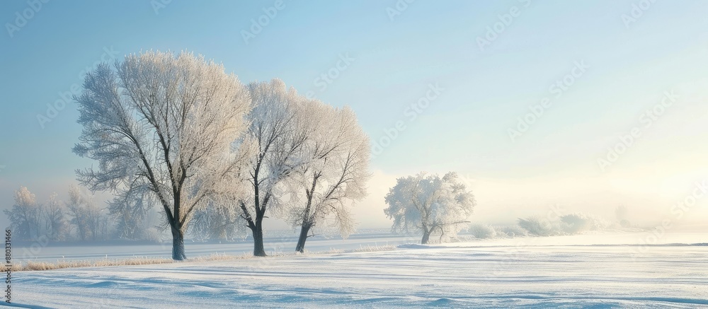 Poster in the chilly northern winter a blanket of white snow and frost envelops everything creating a seren