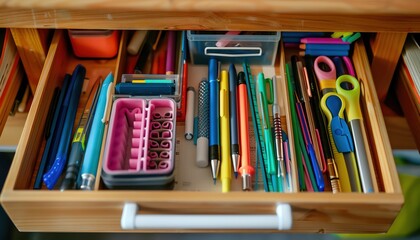 Organized drawer with various writing instruments and school supplies, neat arrangement, study...