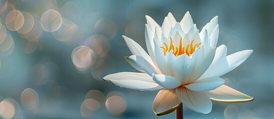A beautiful white water lily Nymphaea alba displayed against a serene background in a copy space image