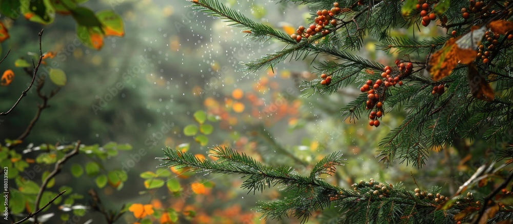 Poster gazing at the foliage of a conker tree and pine branches creating a picturesque scene against a back