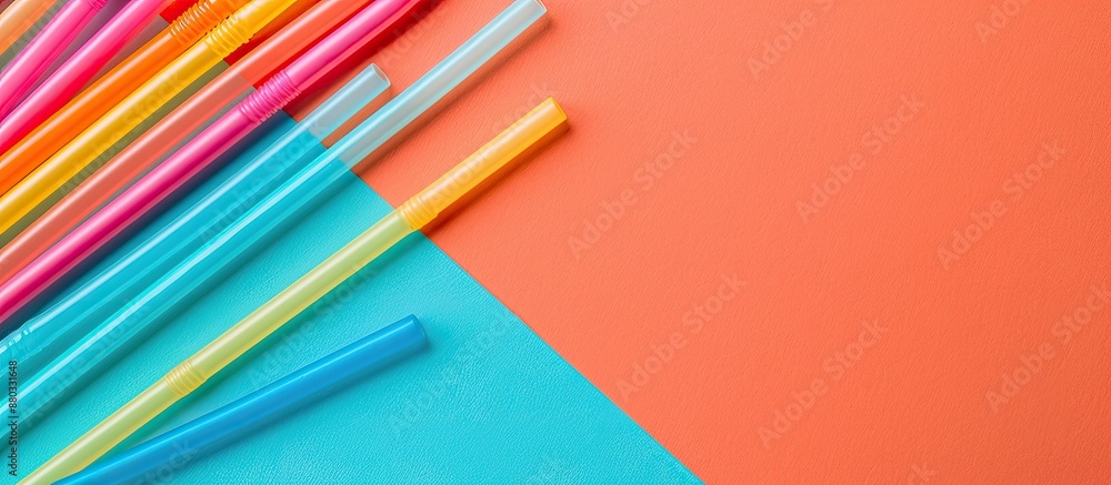Poster colorful plastic drinking straws arranged on a colored background in a flat lay composition leaving 