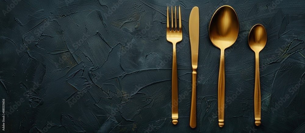 Poster elegant dining setup with golden silverware on a dark backdrop with copy space image