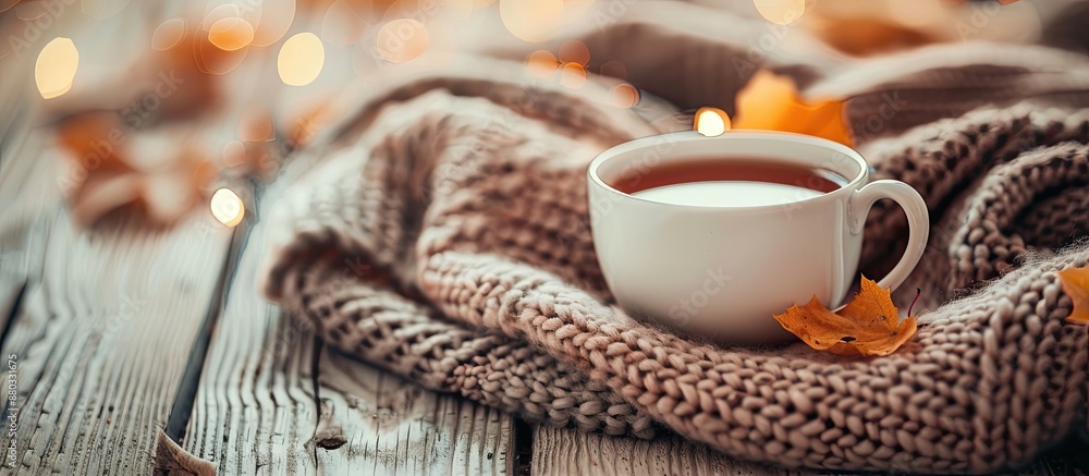 Aufkleber Warm and cozy fall themed image with a cup of tea and a soft knitted sweater in the background perfect for adding text or graphics with copy space
