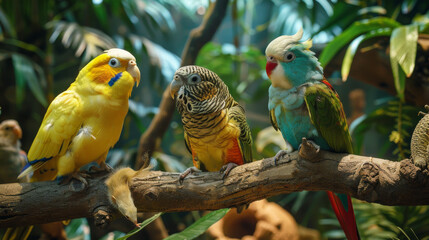 Obraz premium Three colorful parrots are perched on a branch in a lush green jungle