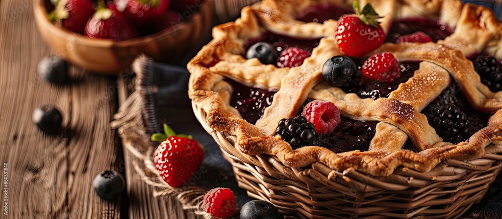 Poster a vintage style home dessert featuring pies in a basket filled with jam berries and fruit with copy 