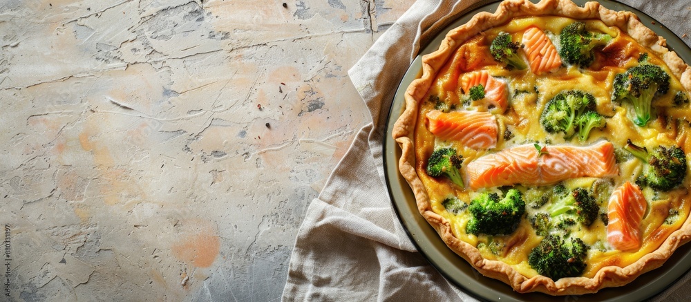 Aufkleber Close up view of a savory homemade quiche featuring salmon and broccoli on a beige table with a blank area for text in the image area. with copy space image. Place for adding text or design