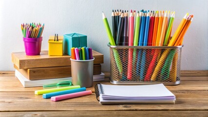Organized workspace with papers, folders, notebooks, and colorful pens on a wooden desk, surrounded by a clean white wall.