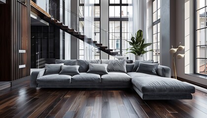 Urban modern living room with a velvet slate grey sofa, sleek wooden staircase, and dark stained wood flooring. Large bright windows, minimalist decor, and sharp lines.