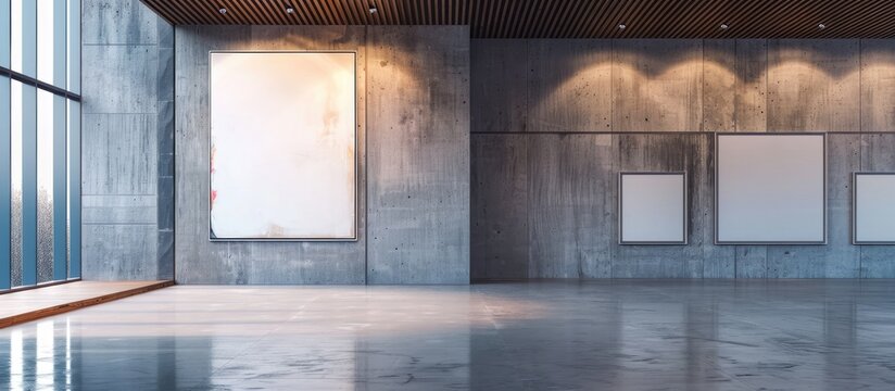 Modern art gallery showcasing pictures on the wall with copy space image