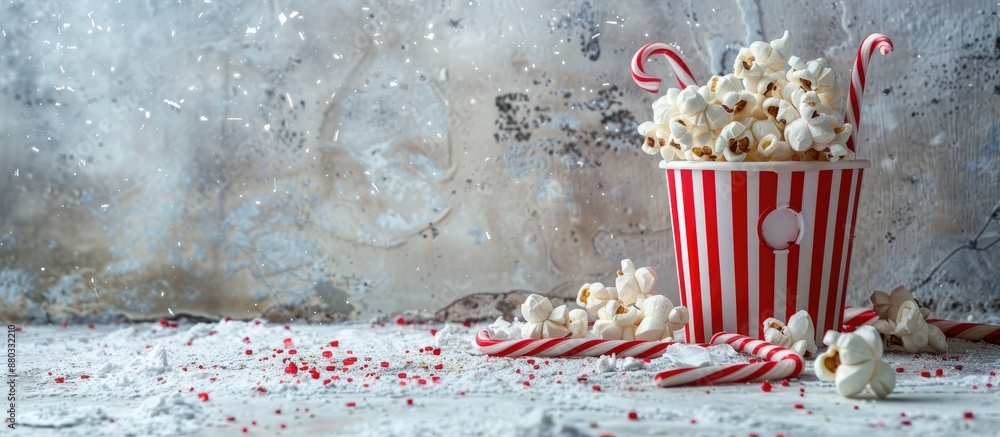 Poster popcorn bucket with candy canes on white grunge background perfect for a copy space image