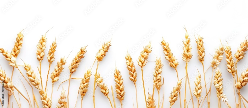 Fototapete Isolated wheat spikelets on white backdrop with selective focus for food related copy space image