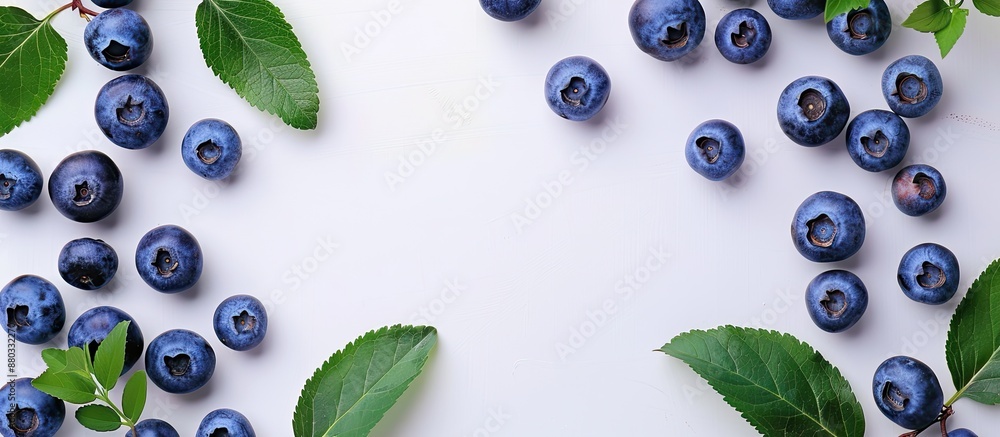Poster a top down view of a frame made with fresh blueberries leaves and a white background with space for 