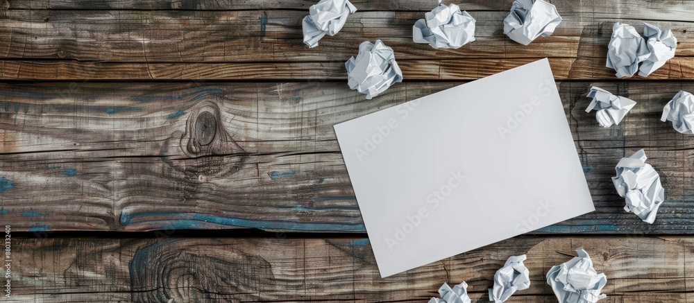 Poster wooden floor with crumpled paper surrounding a white note paper pad providing a copy space image