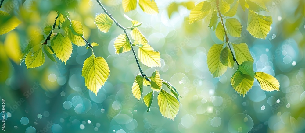 Poster close up of fresh birch leaves in the springtime with a spring atmosphere and room for a copy space 