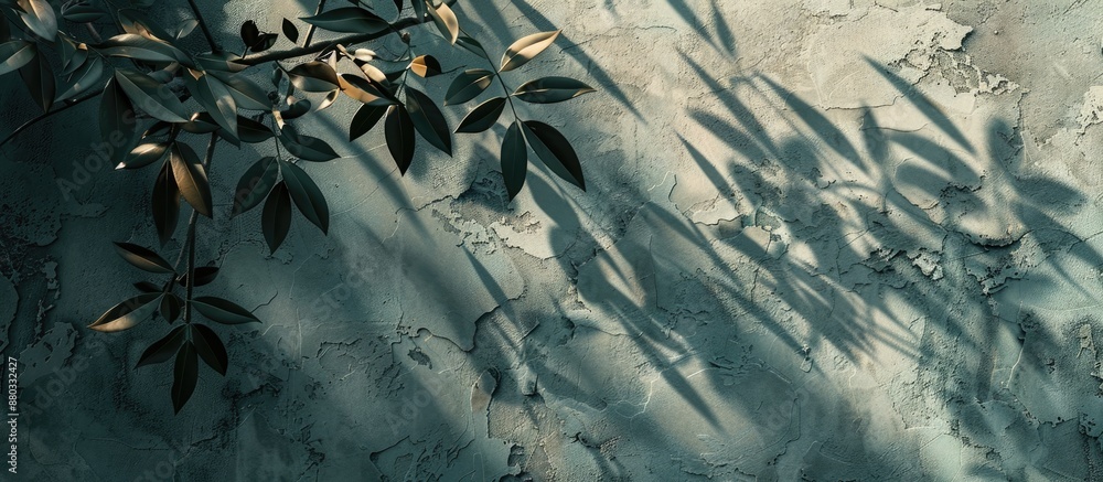 Aufkleber abstract tree leaves casting shadows on a textured gray green concrete wall creating a trendy nature
