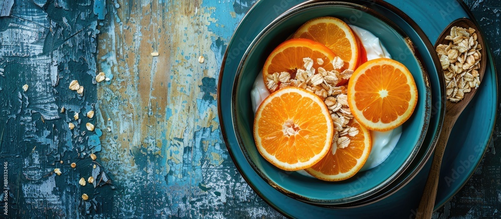 Poster Fresh oranges arranged on top of a bowl of cereals creating a colorful and appetizing display with copy space image