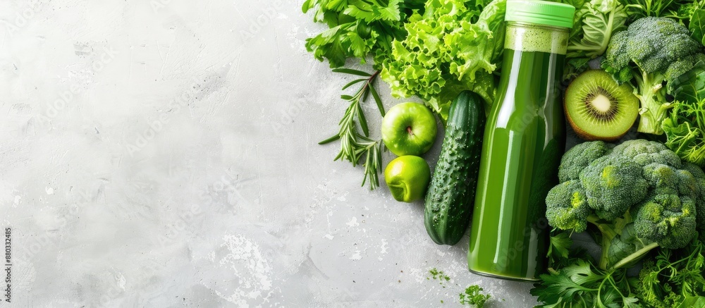 Poster A detoxifying spread with a green smoothie and fresh vegetables arranged neatly on the table with copy space image