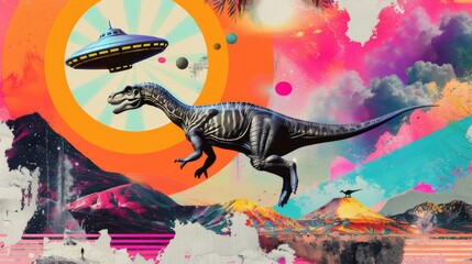 Dinosaur and UFO in a Psychedelic Landscape.