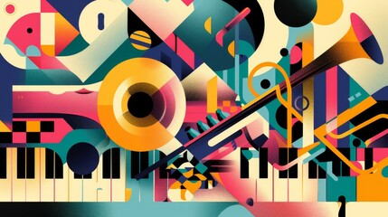 Obraz premium Abstract Music Background with Geometric Shapes and Instruments.