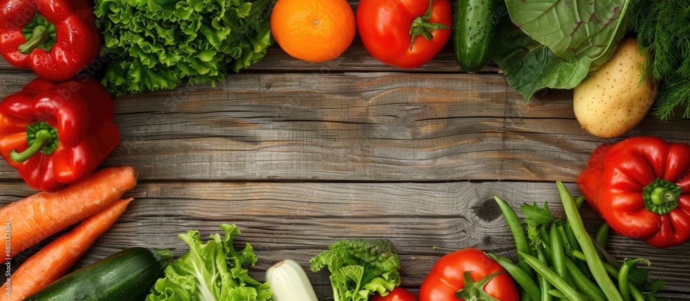 Poster vegetables arranged in a frame shape on a wooden background with copy space image
