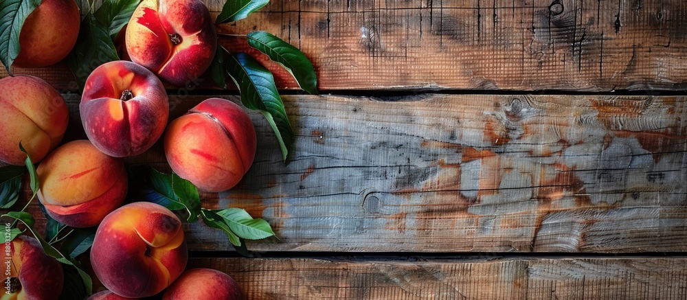Leinwandbilder Top view of fresh ripe peaches displayed on a rustic wooden table with copy space image