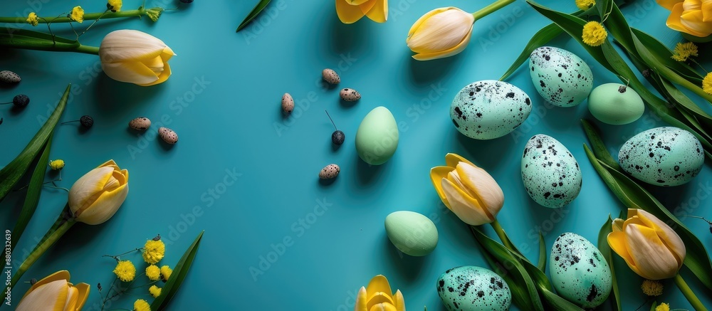 Aufkleber Flat lay with Easter eggs yellow tulips in a circle on a turquoise blue background creating a beautiful spring concept with room for additional content in the image