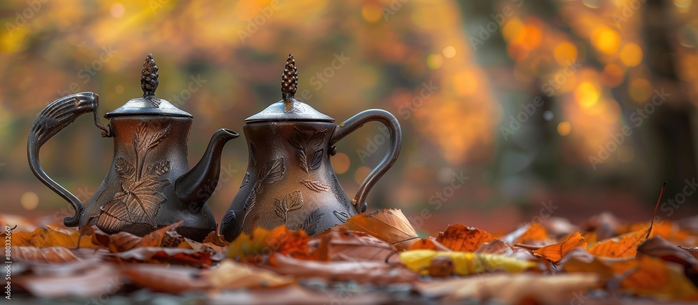 Fototapete Coffee pots with autumn leaves as a background create a rustic vibe in the open air setting ideal for a copy space image