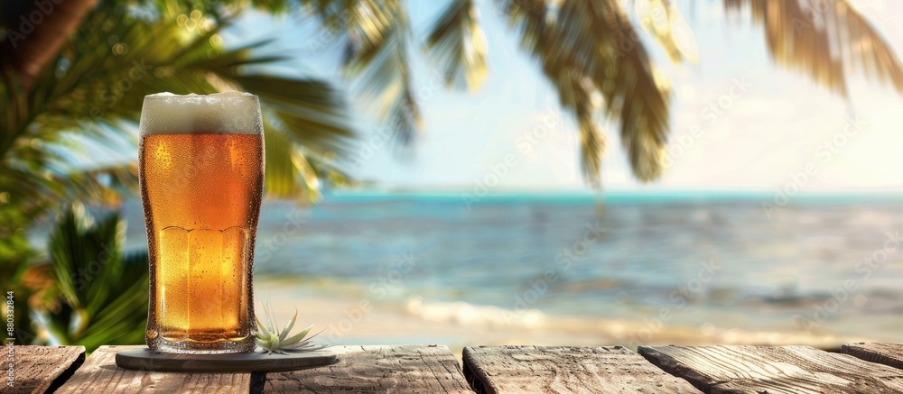 Poster a refreshing craft beer placed on a tropical bar s wooden table with copy space image available