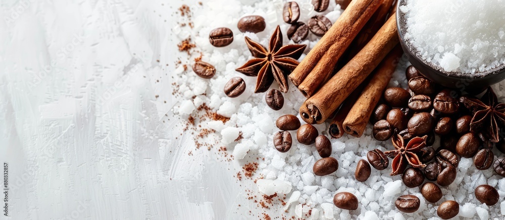 Poster coffee beans and cinnamon on snowy surface with copy space image