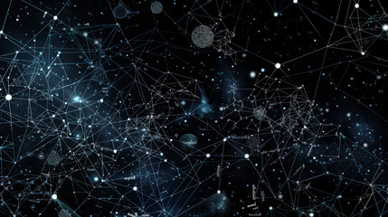 Digital image of mathematical equations and connections on a black background. Representing the global network of science, technology, and communication.