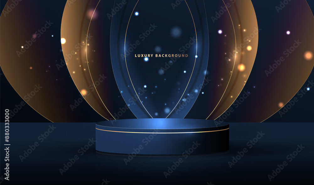 Poster empty podium presentation display studio with gold and blue light lines and dots vector on black bac