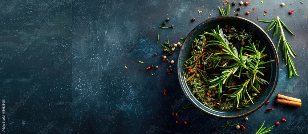 Aufkleber dark background with a bowl of rosemary oil and spices perfect for culinary concepts with copy space