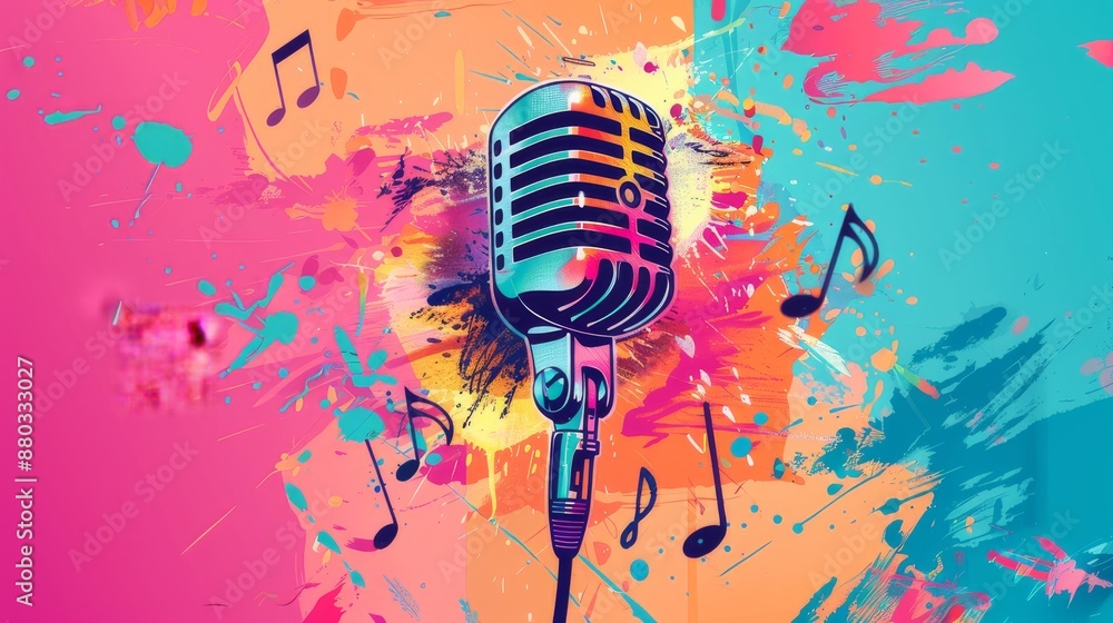 Poster retro microphone with colorful splatter background.
