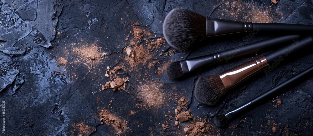 Poster makeup brushes and tools on a dark textured backdrop with powder and eyeshadow offering a copy space