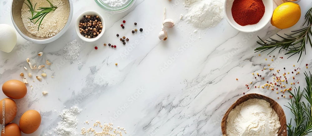 Poster Bird s eye view of various food ingredients surrounded by a blank area suitable for adding a recipe in the copy space image