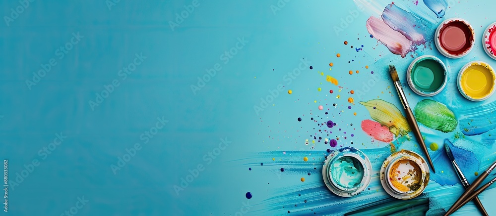 Poster watercolor paint set and brushes displayed from above on a blue background with copy space image on 