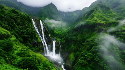 Fototapeta premium A breathtaking waterfall cascading down a lush mountainside, surrounded by vibrant flora and creating a refreshing mist that fills the air.