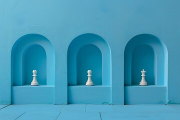 Fototapeta premium Minimalist blue background for product photography with four arched doorways, each containing one white chess piece, high resolution, no shadows, symmetrical composition, even lighting 