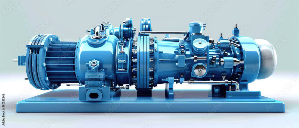 Poster flat design hydraulic compressor mechanism animation with side view and complementary colors, mechan