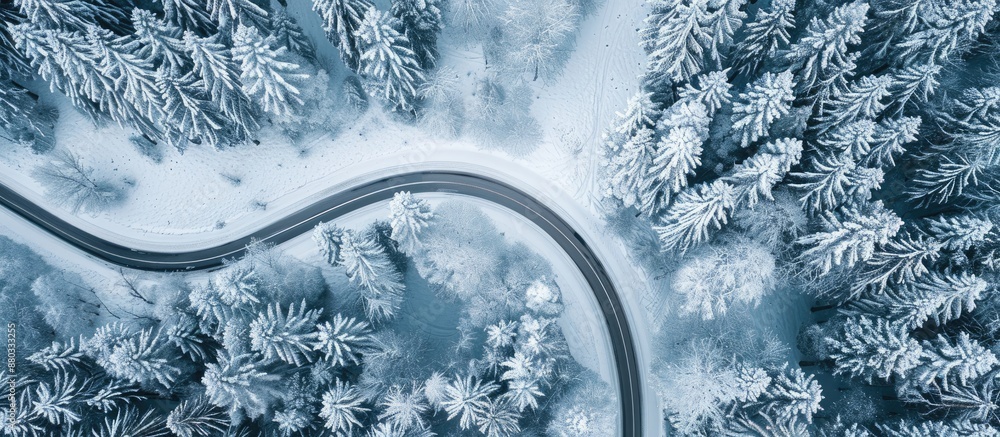 Poster aerial drone view showing a road winding through a snow covered forest with ample copy space image